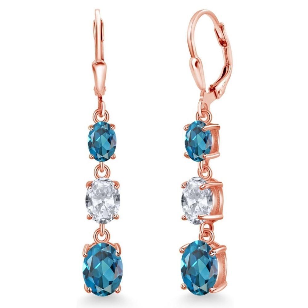 18K Rose Gold with 6.20 Cttw 3 Stone London Blue and White Topaz Drop Earrings